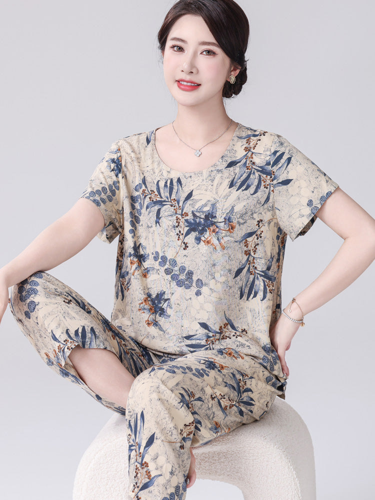 Pambıq ipək yay qısaqol nazik qadın pijama dəsti böyük ölçülü boş sadə gündəlik pambıq ipəyi ev paltarından kənarda geyinmək olar