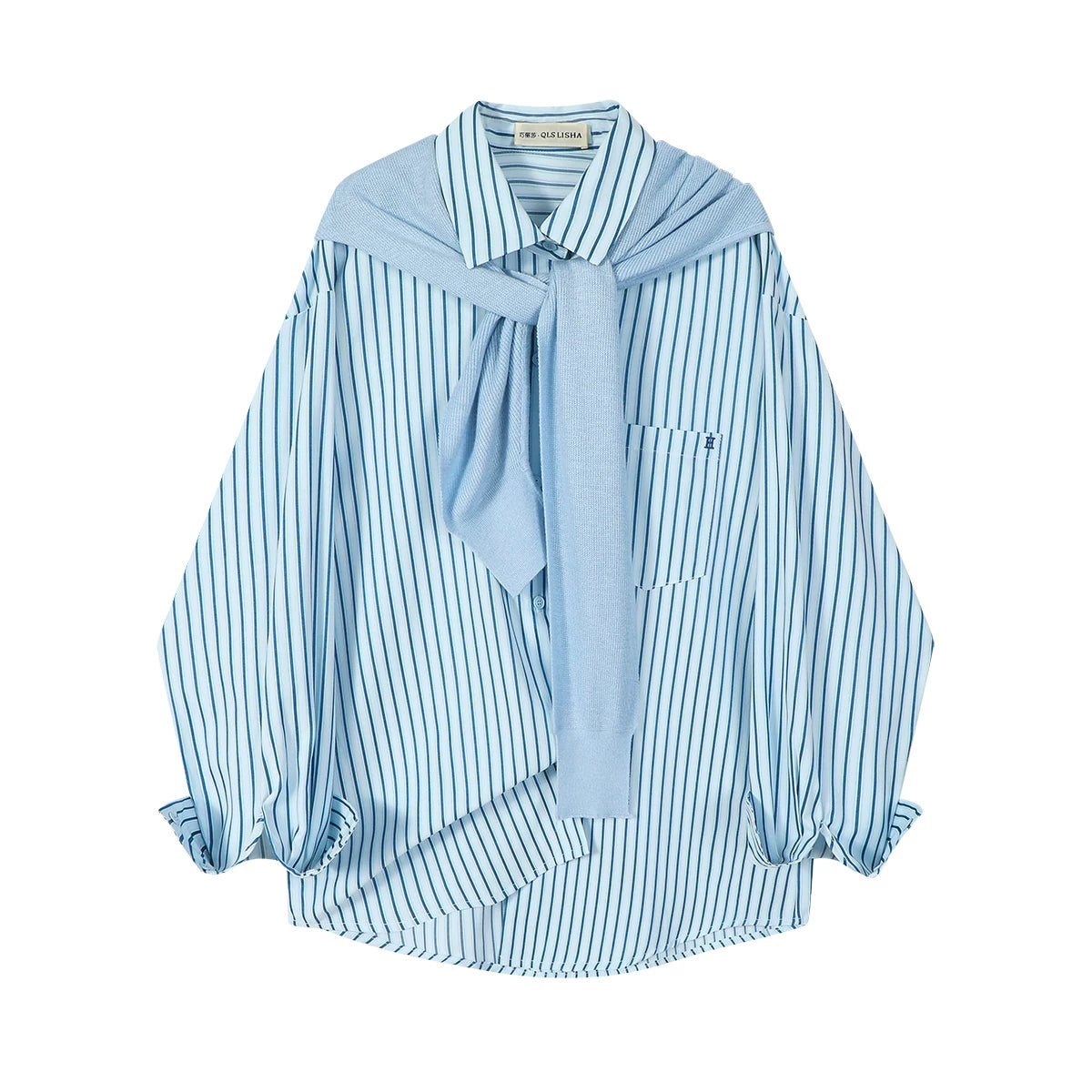 Chorissa Fransız üslubunda gənc və şık uzunqol zolaqlı köynək, yeni yaz və payız üslubunda, çox yönlü və zərif boş top