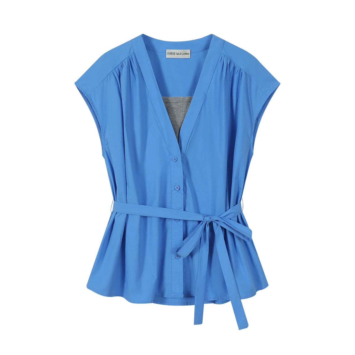 Chorlisa qadın köynəyi, yüksək keyfiyyətli, dəbdəbəli, gənc, şık V-yaxalı, süni iki hissəli, fransız üslubunda rahat və rahat top, yay.