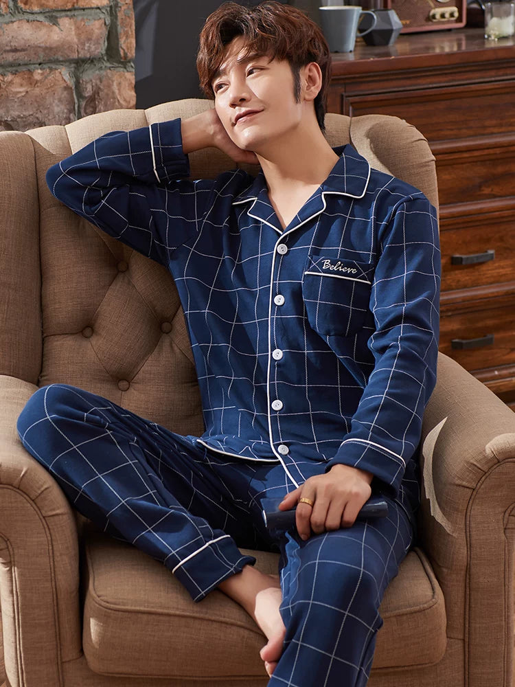 Langsha Kişilər üçün Təmiz Pambıq Pijama 2025 Yeni Yaz və Payız Nazik Uzunqollu Böyük Ölçülü Payız və Qış Kişilər üçün Ev Geyimləri Dəsti