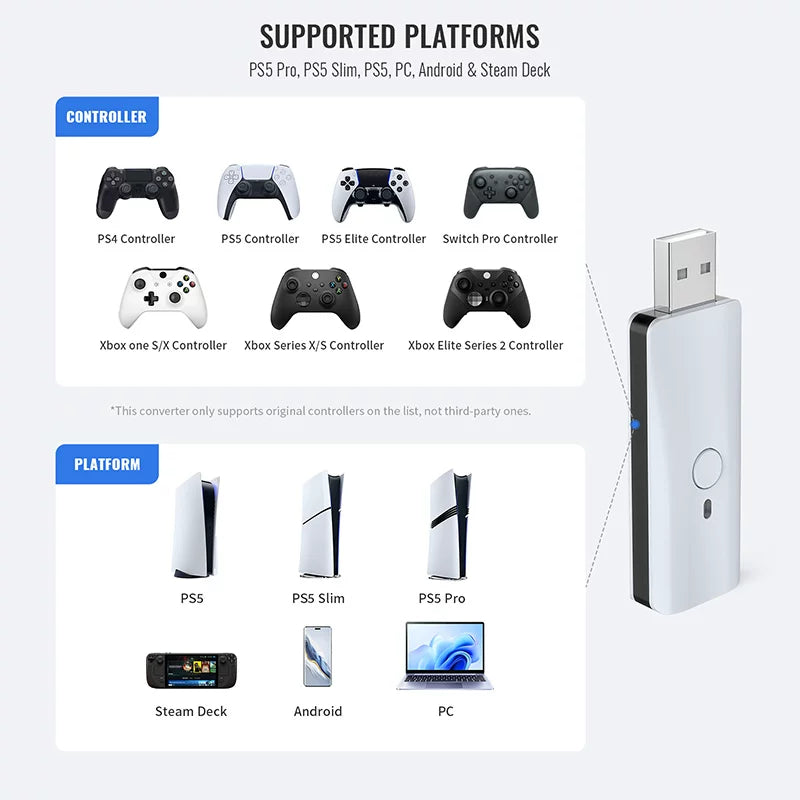 PS5/Xbox One S/PS4 nəzarətçisi Switch/OLED/PC/PS4 Bluetooth qəbuledici çeviricisinə qoşulmuşdur