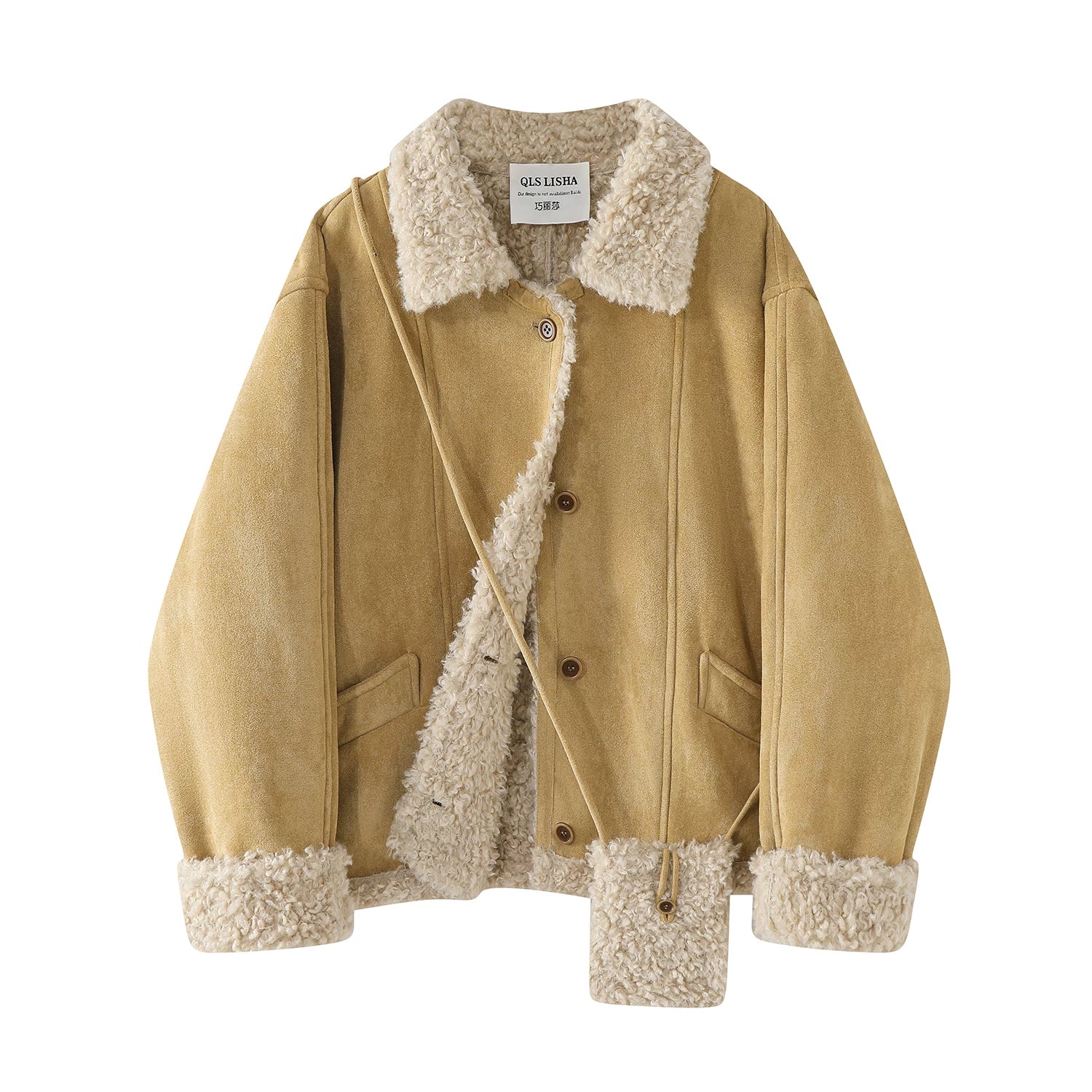 Cholisa Xaki Zamşa Quzu Yunlu Yaxalıq Qadın Qış Yun Astarlı Qalın Koreya Üslublu Gödəkçə