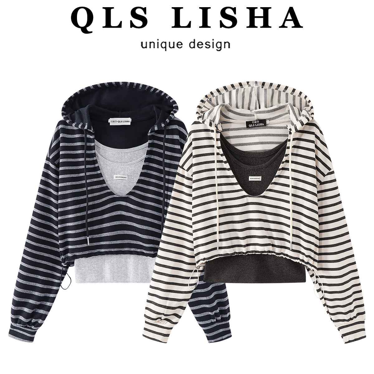 Chola Lisa Boş oturacaqlı, rahat stilli başlıqlı zolaqlı sviter Qadın payız dizaynlı çoxqatlı daxili jilet iki hissəli dəst