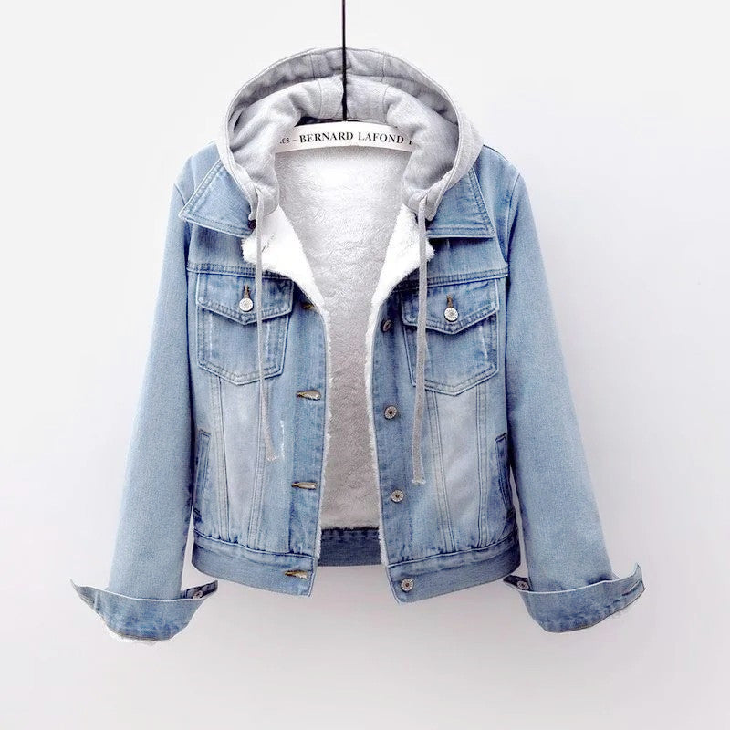 Qadın Denim Yastıqlı Gödəkçə, Yun astarlı, Qalın, Koreya üslubunda, Başlıqlı, 2025 Payız/Qış, İsti, Qısa Gödəkçə, Arıqladıcı