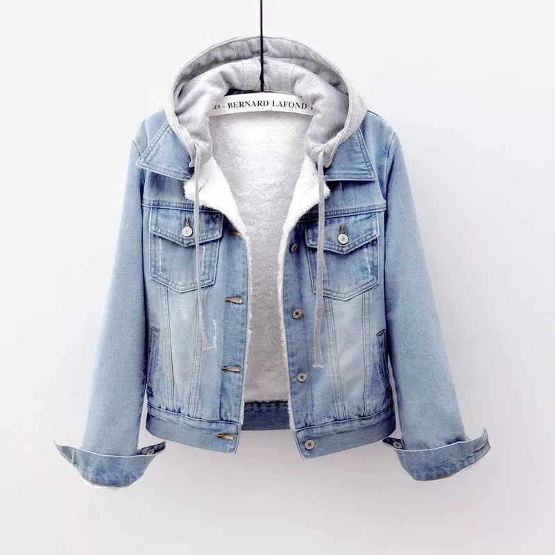 Qadın Denim Yastıqlı Gödəkçə, Yun astarlı, Qalın, Koreya üslubunda, Başlıqlı, 2025 Payız/Qış, İsti, Qısa Gödəkçə, Arıqladıcı