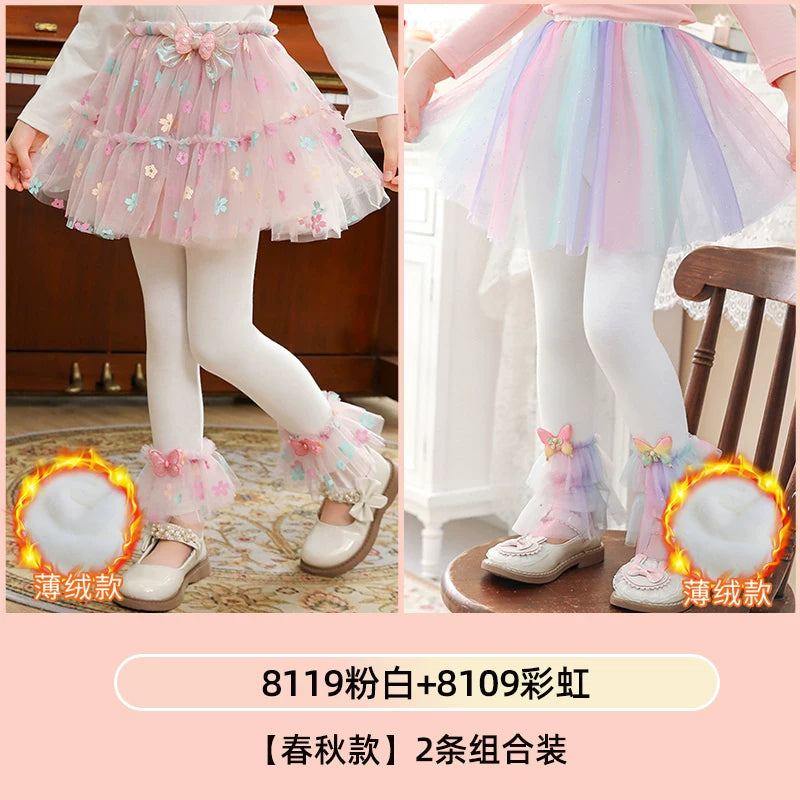 Qızlar üçün bir hissəli ətək şalvarları, 2025-ci ilin yaz və payız mövsümü üçün yeni model uşaq qış geyimləri, flis astarlı, süni iki hissəli leqinslər, ağ, çöldə geyinmək üçün.