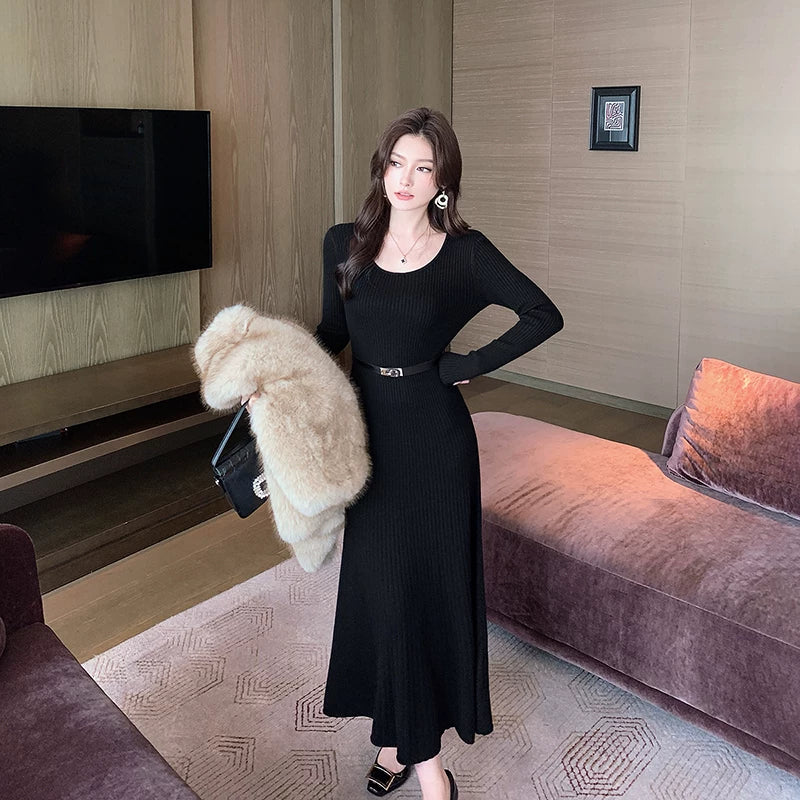 Island Song Lady Yun Örgü Don Qadın Payız və Qış A-xətt Ətək, İncə Uyğun, Qara Daxili Qatlı Zərif Baza Don