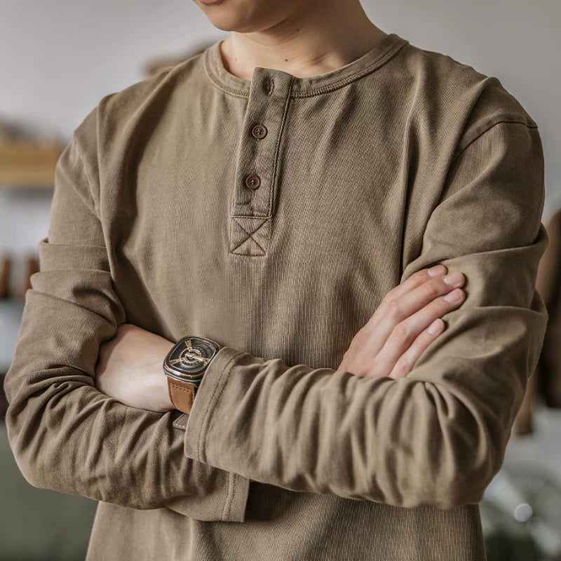 Indigo American Retro Yuyulmuş Batik Henley Köynək T-shirt Çətin Möhkəm Boş Açıq Yaxalıqlı Uzun Qollu Köynək Kişi Yaz