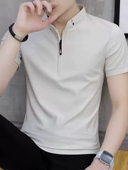 2026 Yay Qısaqol T-Shirt Kişi Polo Köynək Buz İpək Stend Yaxa Bərk Rəng Trendy Gündəlik Çox Yönlü Buz T-shirt