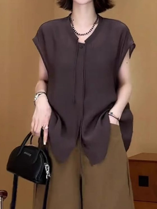 Qadınlar üçün böyük ölçülü, şık və zərif qalstuklu bluzka, yeni yay stili, geniş formalı, arıqladıcı, çoxfunksiyalı qısaqol köynək.