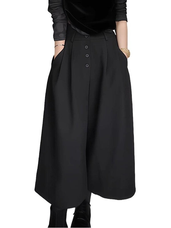 Qadın qara qısa kostyum şalvarı, yaz üslubunda, böyük ölçüdə, yüksək belli, arıqladıcı, büzməli dizayn, gündəlik və boş enli şalvar.