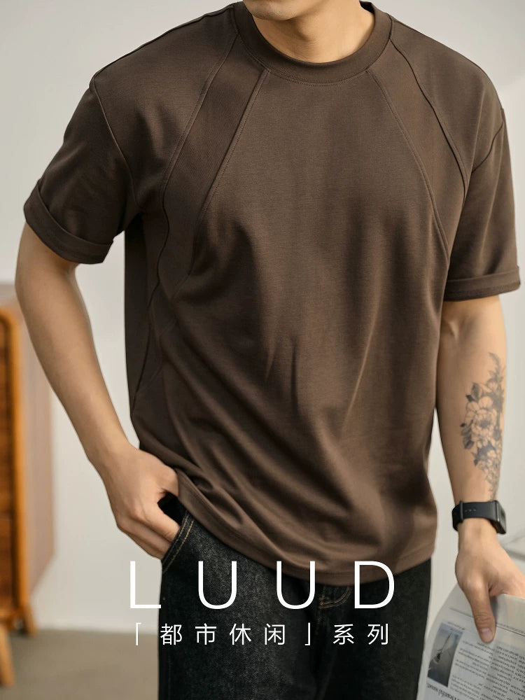 LUUD moda brendi yaraşıqlı yüksək səviyyəli kişi yay Amerika köynəyi bir qədər enli yarımqol dekonstruksiya edilmiş xırtıldayan köynək