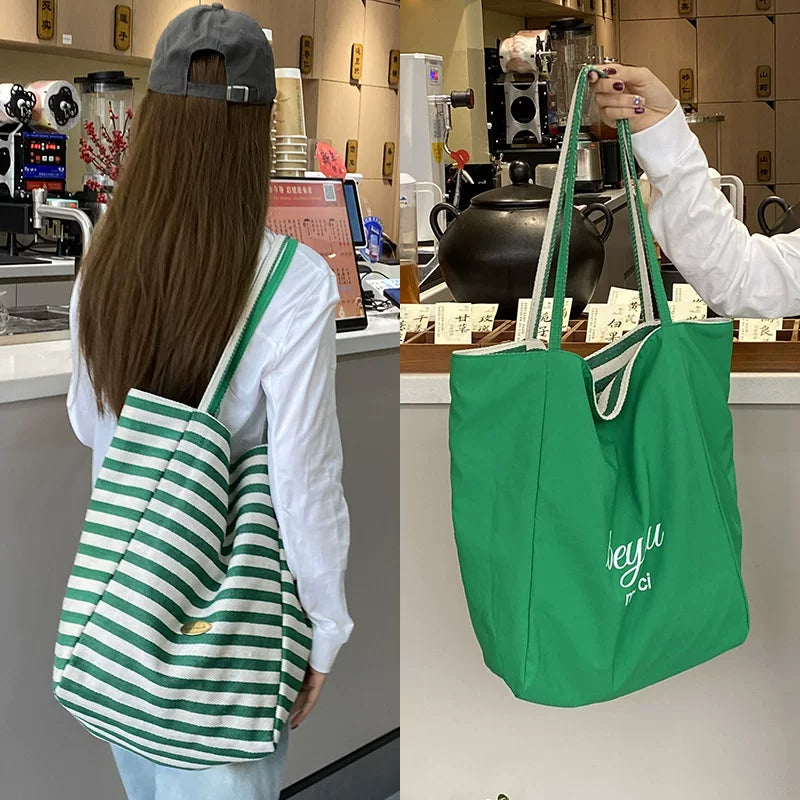 2025 New Striped Double-layer Canvas Bag for Women, Lazy Style, Large Capacity, Shoulder Bag