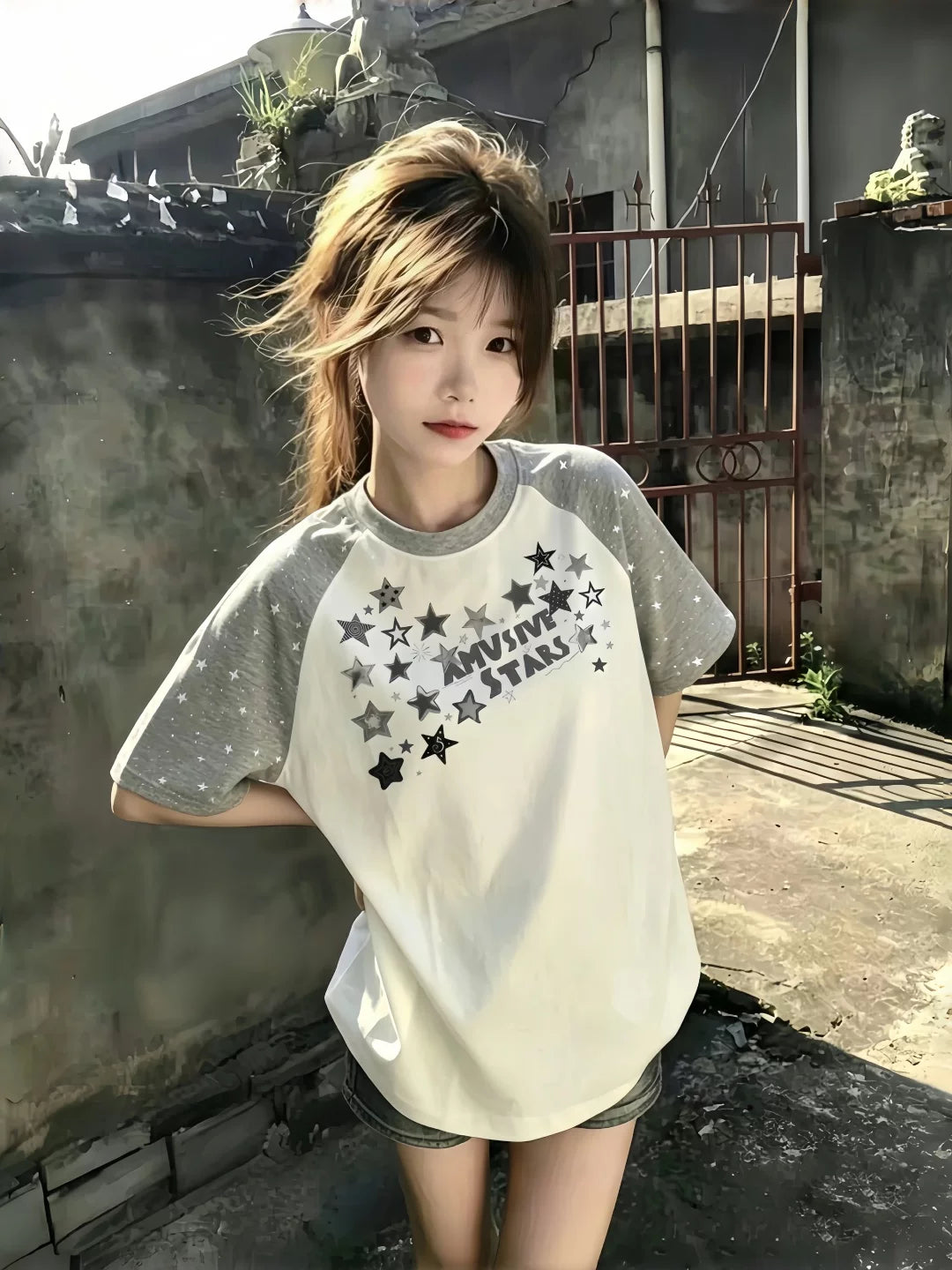 Yayda qızlar və oğlanlar üçün Koreya üslublu ulduz rəqlan qollu qısaqol köynək, orta məktəb və orta məktəb şagirdləri üçün boş dizayn.