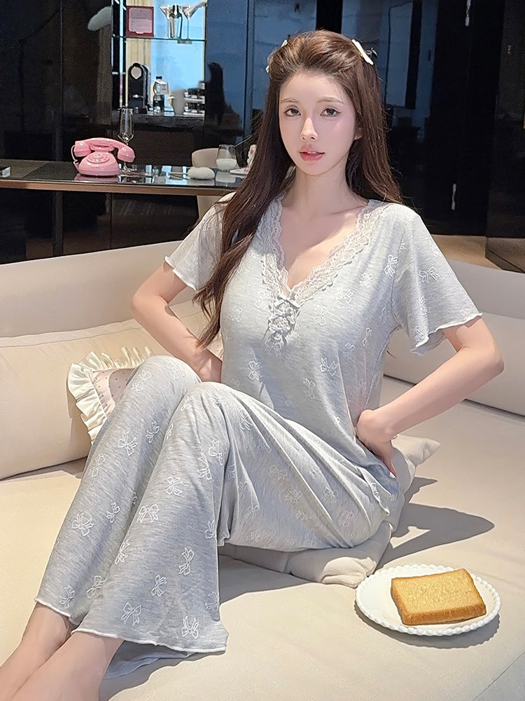 Qadınlar üçün sərin modal pijama yastiqli qısaqol şalvar dəsti ilə seksi krujeva ev geyimi nazik kəsikli