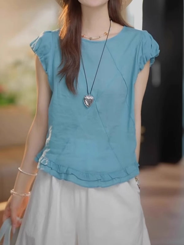 Fransız üslubunda büzməli, dairəvi yaxalı, qısaqol köynək, 2026-cı ilin yayı üçün yeni model, böyük ölçüdə, geniş dizaynlı, gənclik üçün köynək.