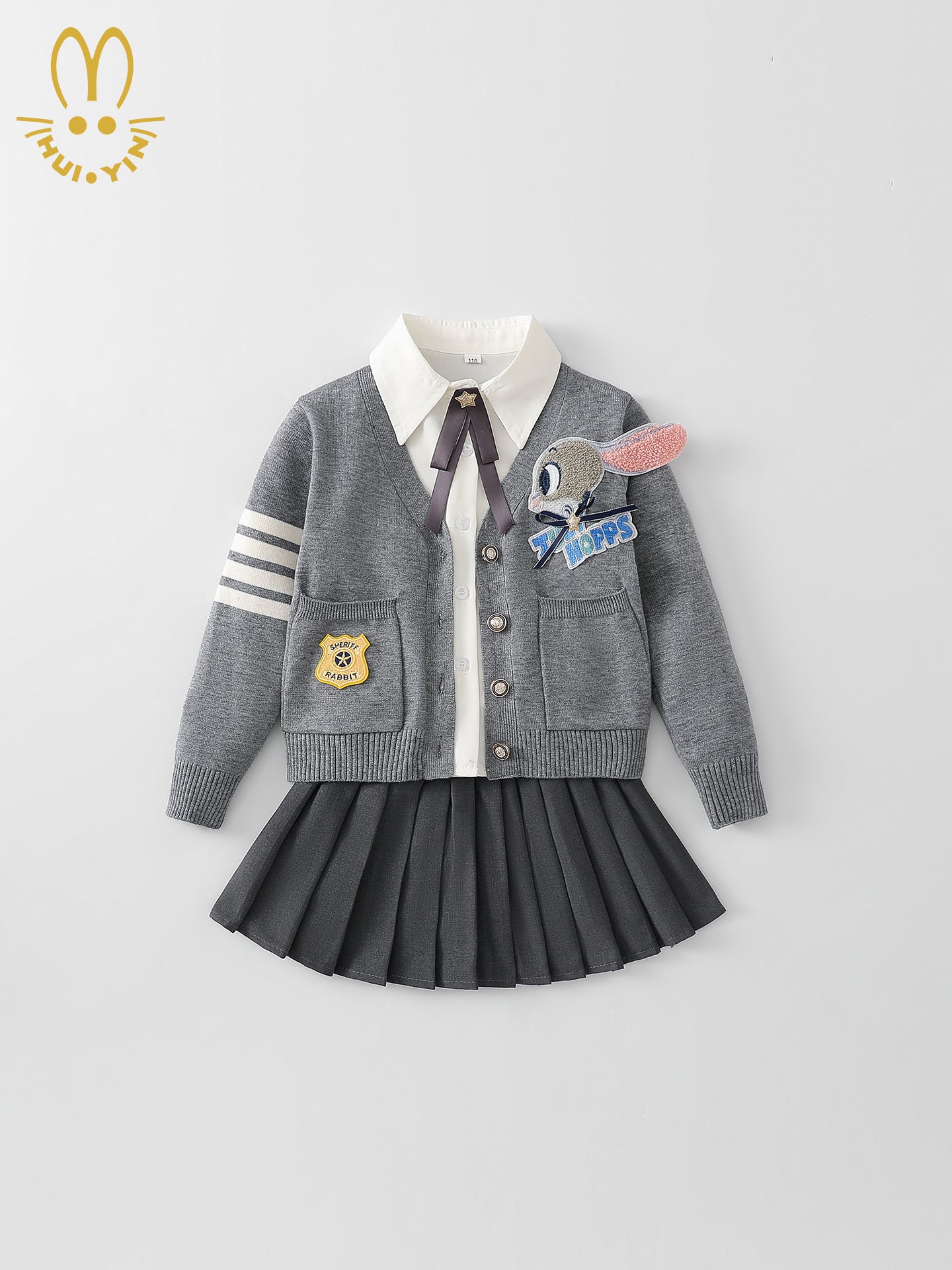 Yeni payız üslubunda qızlar üçün dovşan polis məmuru sviteri üç hissəli dəst, JK ətəyi, dəbli payız və qış uşaq ad günü geyimləri