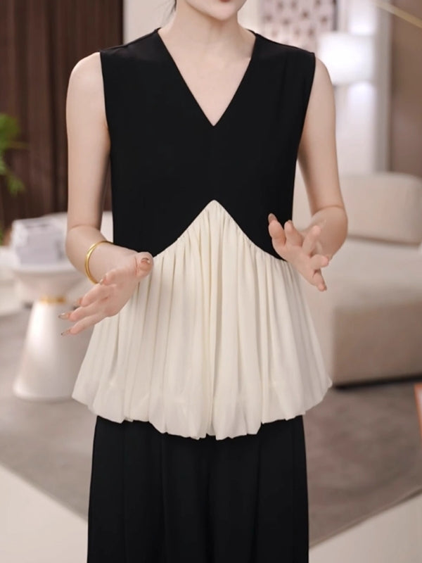 Qadınlar üçün fransız üslubunda V-yaxalı qolsuz mayka, yay, böyük ölçüdə, arıqlama üçün, dəbli, yüksək səviyyəli rəngləri olan bluza.