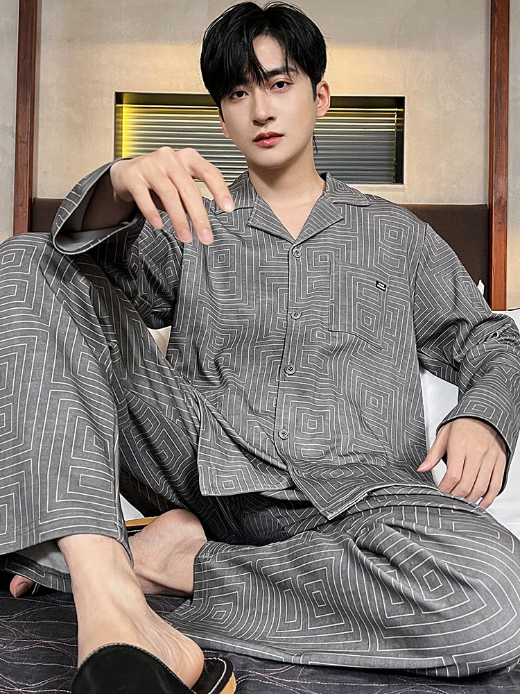 Langsha Kişilər üçün Təmiz Pambıq Pijama 2025 Yeni Yaz və Payız Nazik Uzunqollu Böyük Ölçülü Payız və Qış Kişilər üçün Ev Geyimləri Dəsti