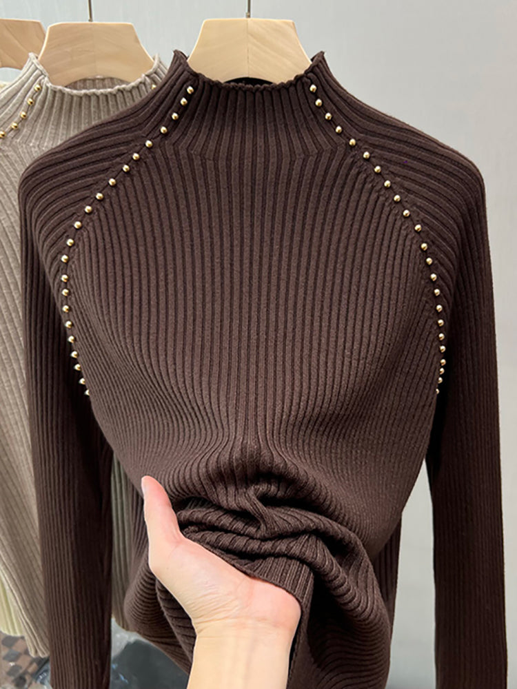 A must-have! This stylish, high-neck, long-sleeved knit shirt is a new, stylish design with a ribbed texture and is perfect for layering.