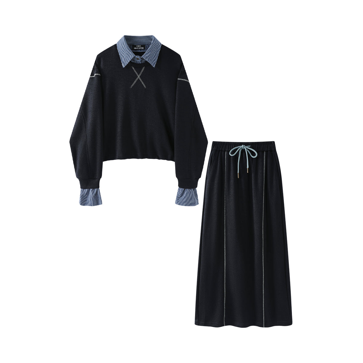 Cholisa'nın preppy stilində iki hissəli kostyum ətəyi, yaz və payız Koreya stilində rəngli bloklu köynək və sviter, 2026-cı ilin super populyar iki hissəli qadın geyimləri