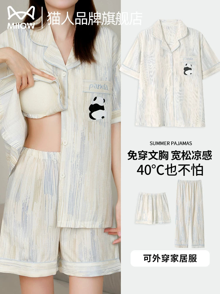 Catman pijama qadın xalis pambıq yay qısaqol şort üç hissəli döş yastığı ilə dəst çöldə yaz və payızda geyinmək olar nazik ev paltarı dəsti