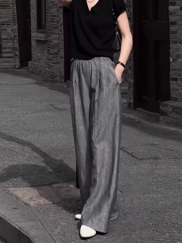 Qadınlar üçün Böyük Ölçülü Boz Kətan Geniş Ayaqlı Şalvar, 2026-cı ilin Yayı, Nazik Stil, Dəbli və Yüksək Seçimli, Boş və Gündəlik Yer Uzunluğunda Şalvar