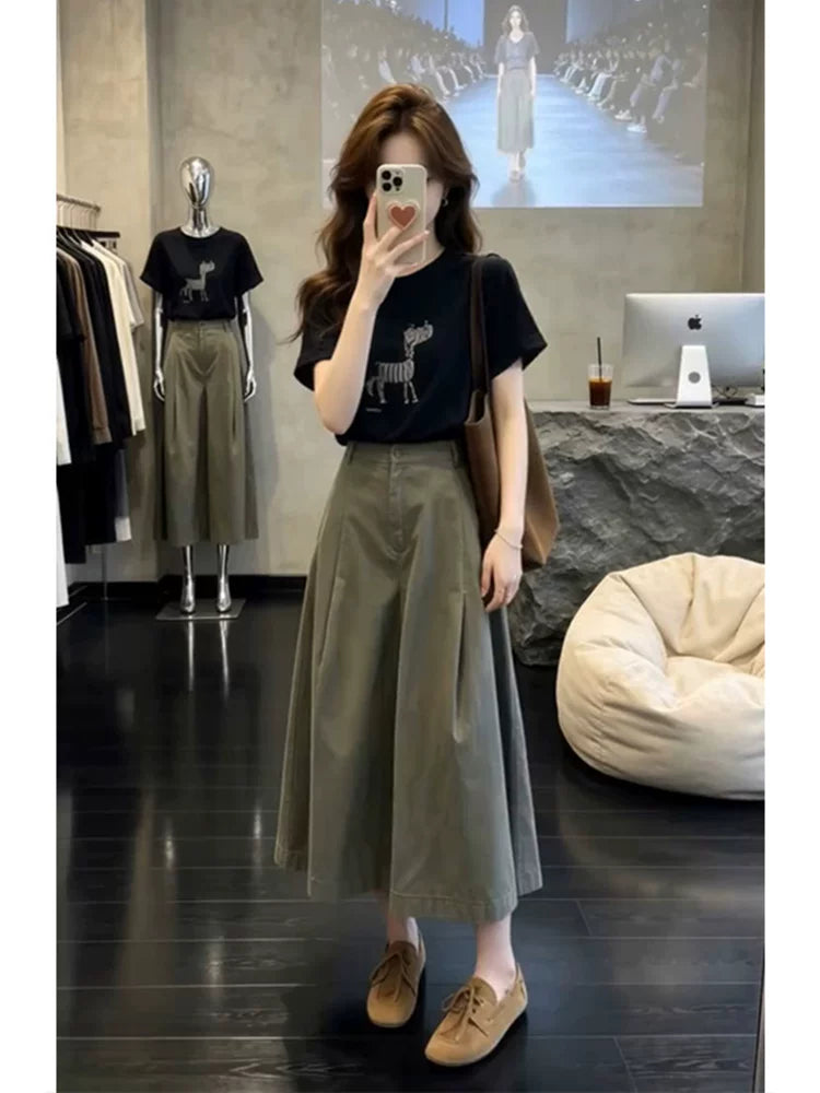Qadınlar üçün unikal və gözəl erkən yay kostyumu, retro stil, nazik dəyirmi boyun, qısaqol köynək, rahat geniş paçalı şalvar və yubka, iki parça dəst