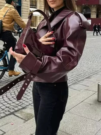 Qadınlar üçün çoxfunksiyalı yaxalı dəri gödəkçə