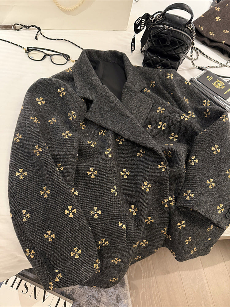 KKSTUDIO Qadınlar üçün Yüksək Səviyyəli Muncuqlu Böyük Ölçülü Yun Blazer, Payız Koreya Üslubunda, Nişli Gündəlik Kostyum