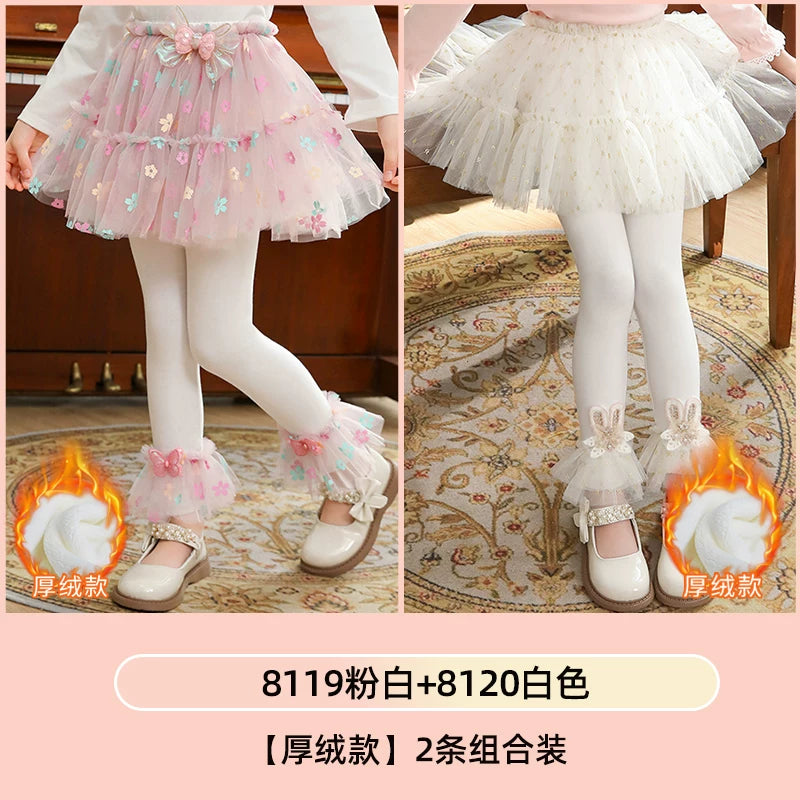 Qızlar üçün bir hissəli ətək şalvarları, 2025-ci ilin yaz və payız mövsümü üçün yeni model uşaq qış geyimləri, flis astarlı, süni iki hissəli leqinslər, ağ, çöldə geyinmək üçün.