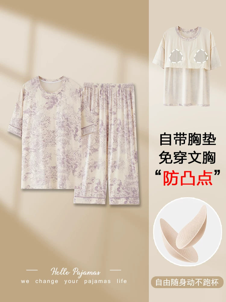 Fenton Ke'an modal pijama qadın yay qısaqol üç dörddəbir şalvar nazik iri ölçülü orta yaşlı ana üçün döş yastıqları ilə ev geyimi