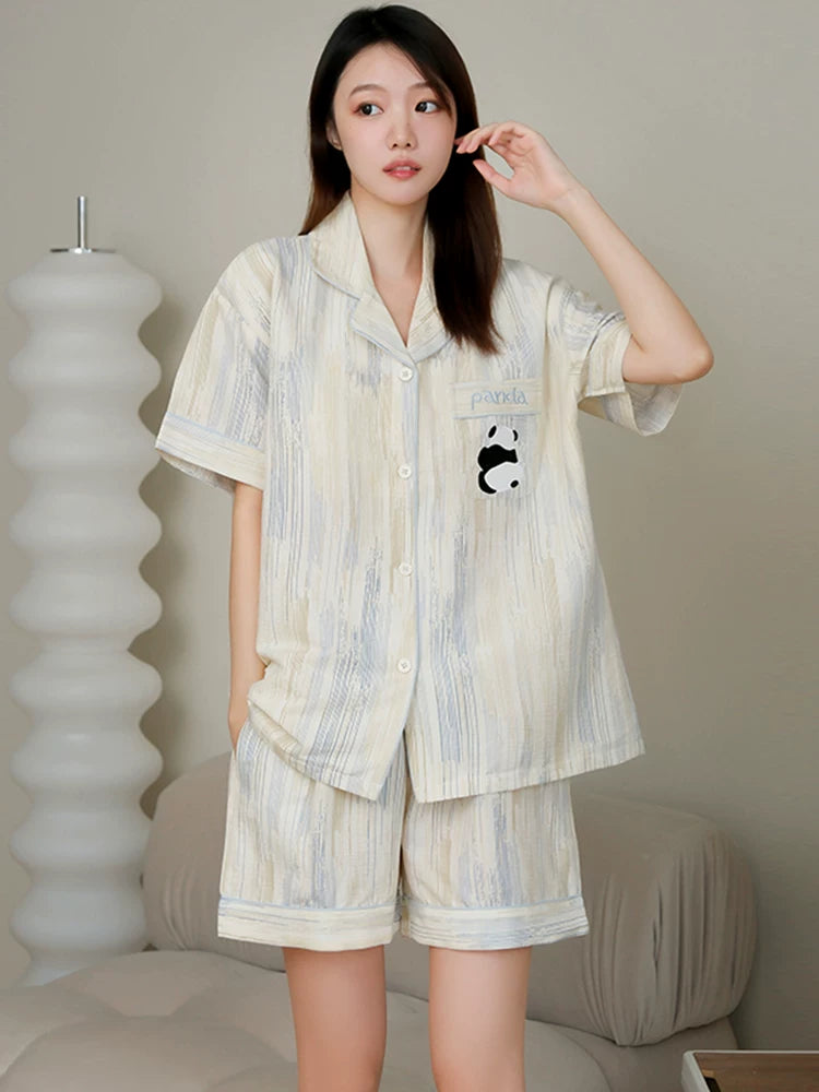Catman pijama qadın xalis pambıq yay qısaqol şort üç hissəli döş yastığı ilə dəst çöldə yaz və payızda geyinmək olar nazik ev paltarı dəsti