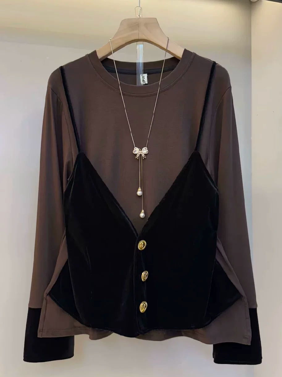 2025 Autumn/Winter Plus Size Women's Clothing - Super Cute Korean Style Casual Design, Lightweight Luxury Velvet Faux Two-Piece Camisole Top