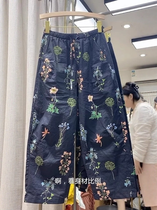 Qadınlar üçün naxışlı gündəlik şalvar, yay üslubunda, nazik, böyük ölçülü, arıqladıcı, qısa, yüksək belli, çoxfunksiyalı, boş, enli ayaqlı, çiçəkli naxışlı şalvar.