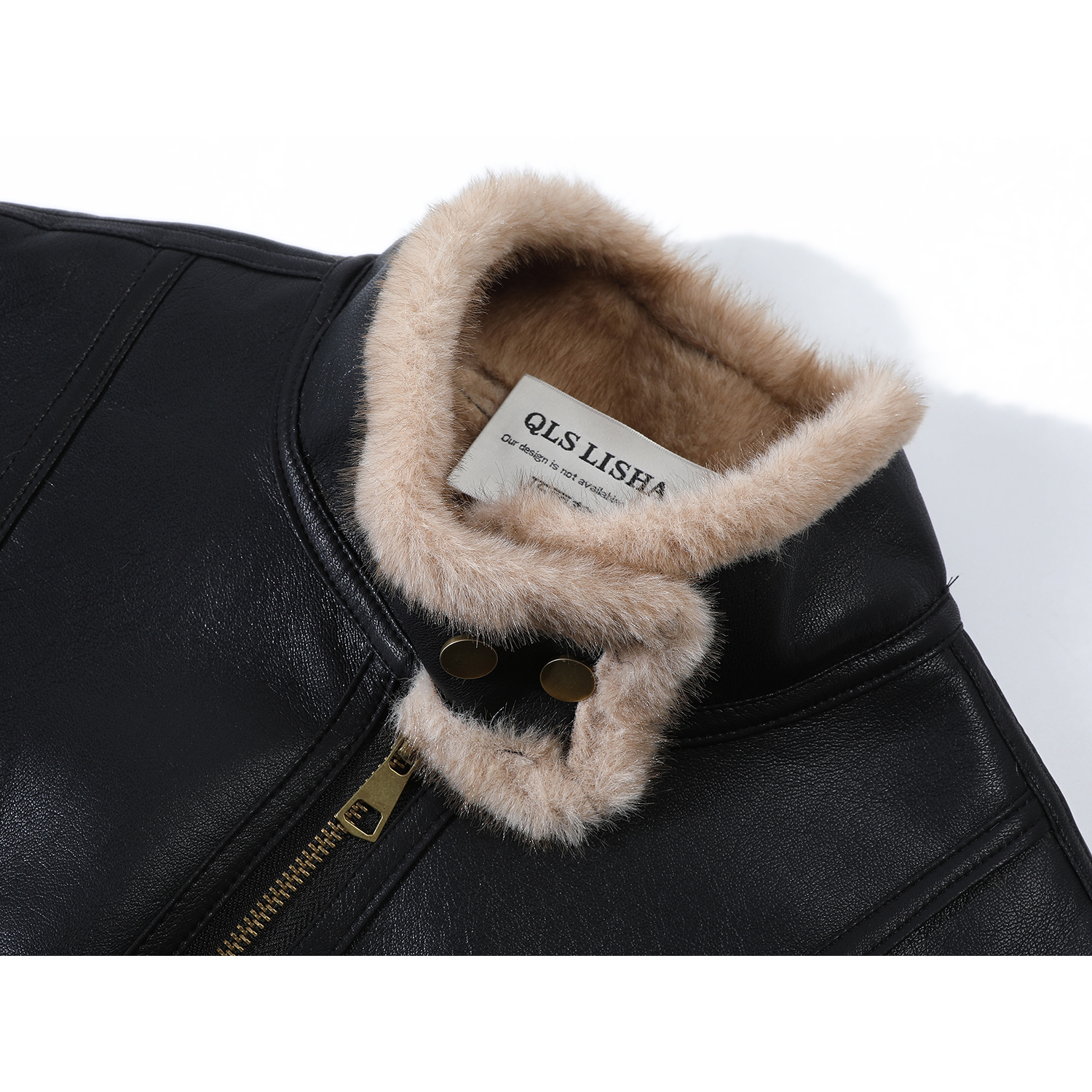 Cholisa-nın dəbli qadın qış qara dəri gödəkçəsi, yun astarlı və qalın quzu yunundan, motosiklet üslublu üst geyim.