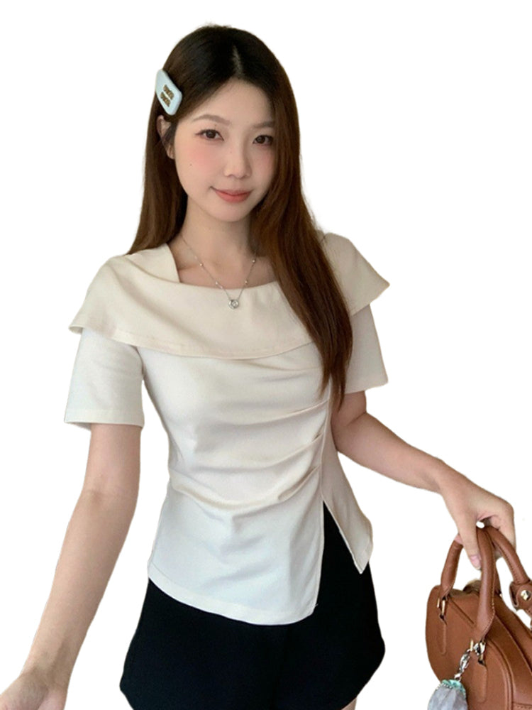 Qadınlar üçün böyük ölçülü, qeyri-müntəzəm yarıqlı qısaqol köynək, yay üslubunda, arıqladıcı, bel sıxan, qarın nahiyəsini gizlədən, kvadrat yaxa dizaynı.