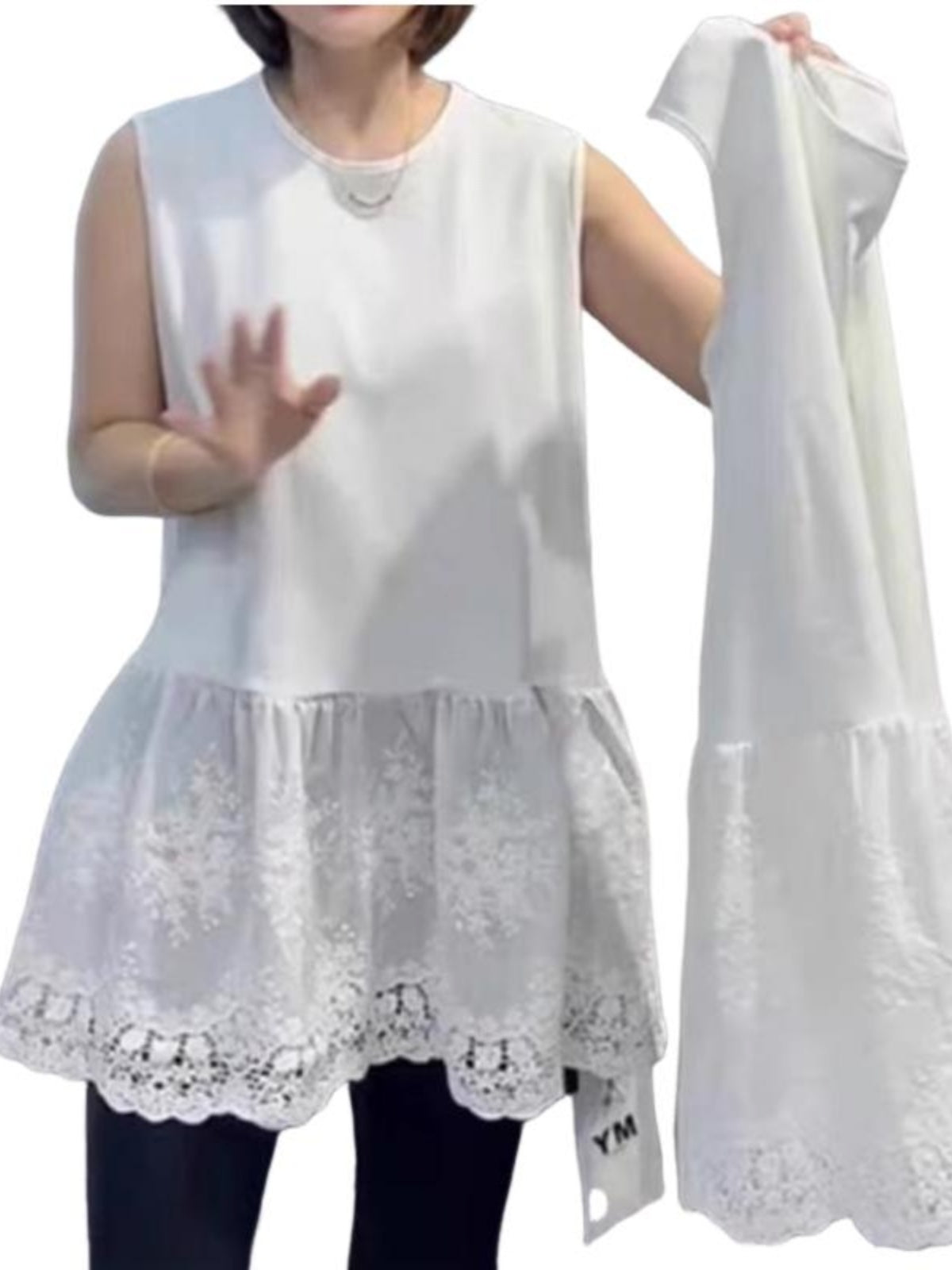 Böyük ölçülü qadın geyimləri, super şirin yeni yaz üslubu, krujeva bəzəkli qolsuz jilet, ətək və geniş ətək, zərif və zərif üslublu top.