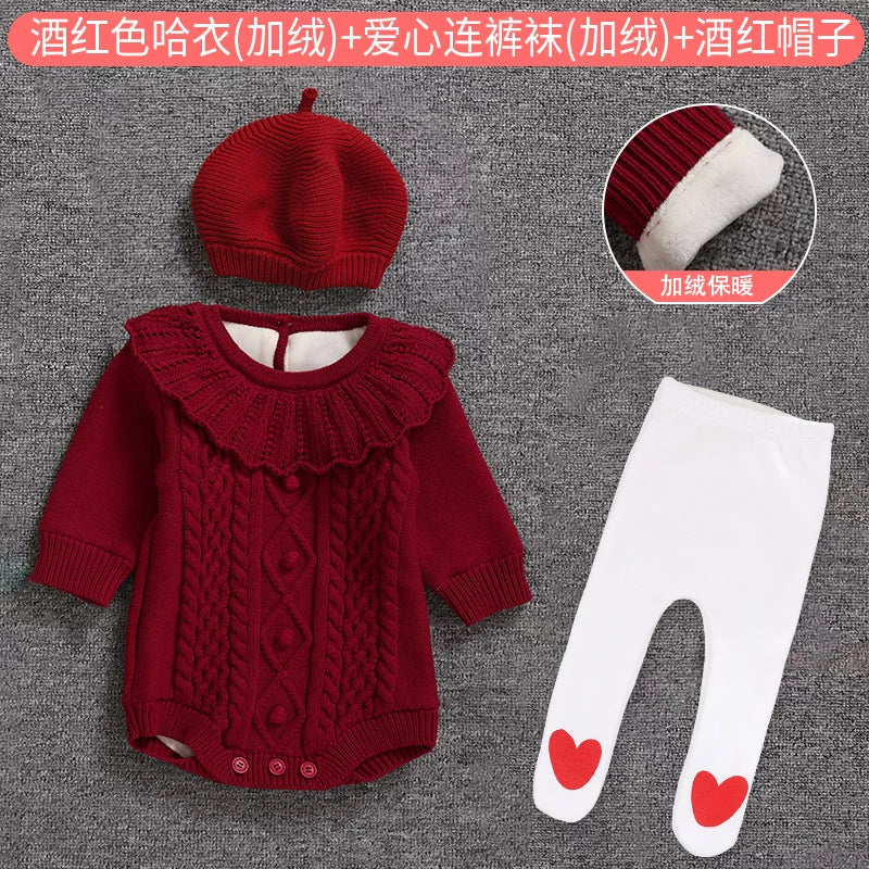Qız uşağı üçün qış sviteri, yun astarlı, yeni doğulmuş/tam aylıq körpə geyimləri, şahzadə stilində şık romper, ilk ad günü dəsti, qırmızı.