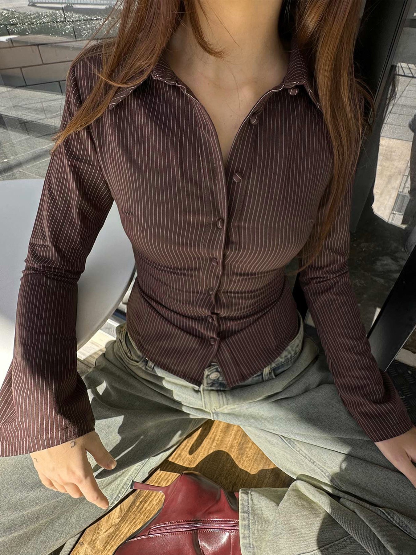 DARILNGAGA Merlad's Qəhvəyi Zolaqlı Yaxalı Köynək, İncə Formada, Beli Müəyyən Edən, Qabarıq Qollu Top