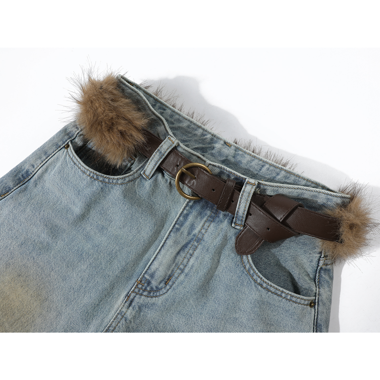 Chorissa Amerika üslubunda qadınlar üçün yüksək belli, qısaqol cins şalvar, payız və qış, unikal dizayn, retro, düz ayaq, boş forma, enli şalvar.