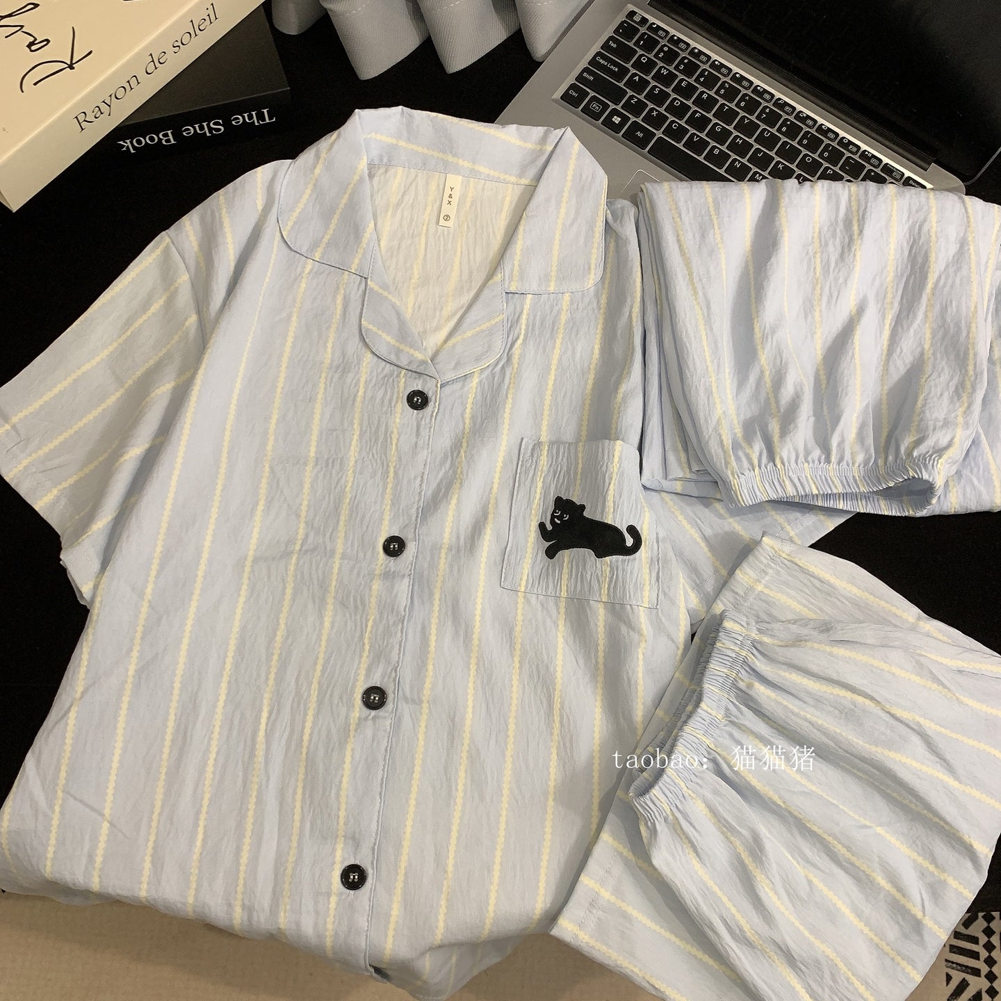 Naxışlı qara pişik cüt kişi və qadın pijama təmiz pambıq cuna üç hissəli yay qısaqol zolaqlı böyük ölçülü nazik ev paltarı