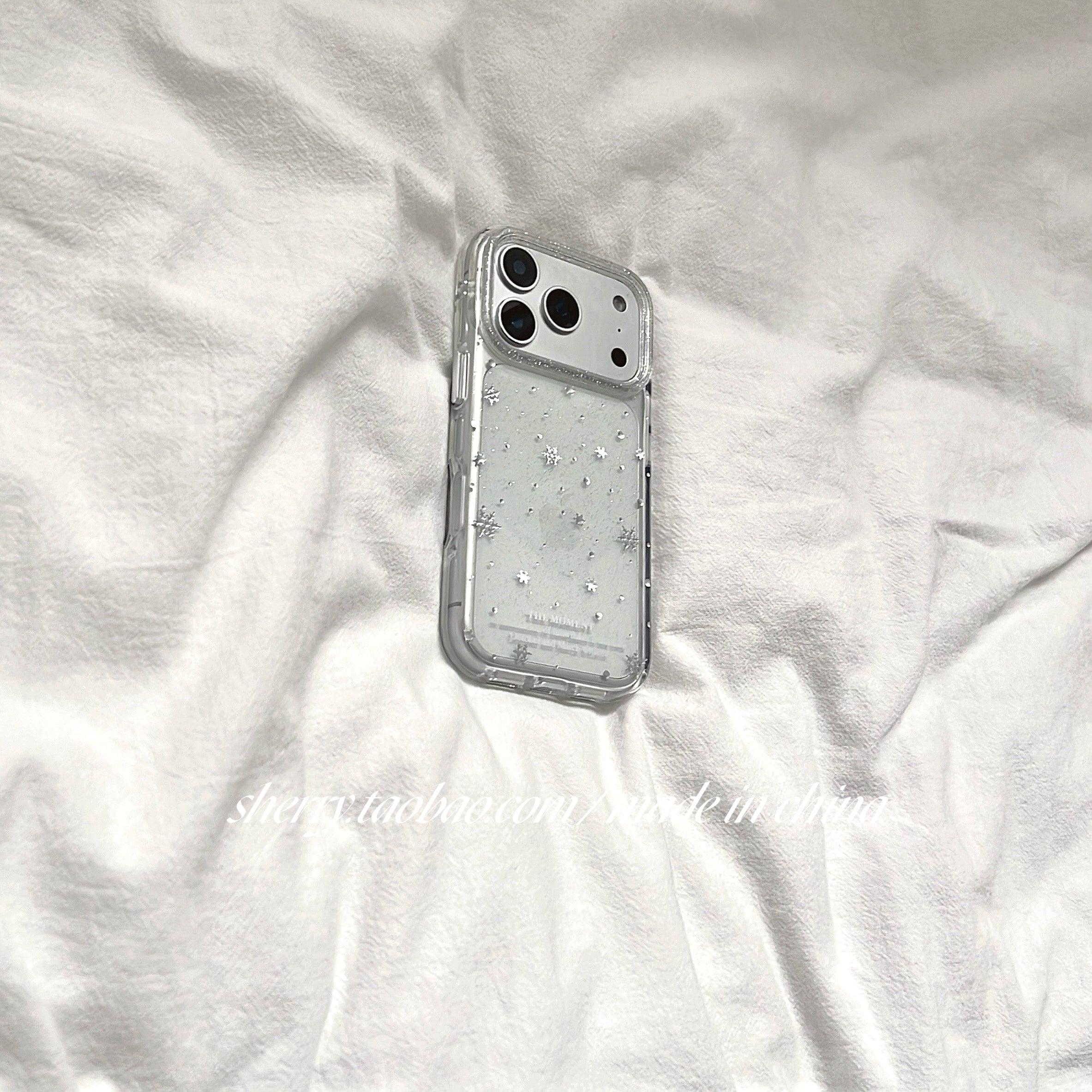 SHERRY*ins üslubunda şəffaf incə parıltılı gümüşü qar dənəciyi Apple 17ProMax mobil telefon qutusu iPhone16Pro niş qız ürəyi 15 sadə 14 kiçik təzə cizgi filmi qabaqcıl qış üçün uyğundur
