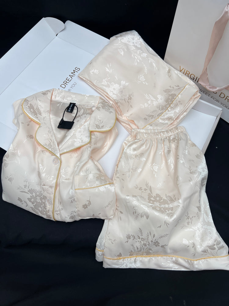 Qadınlar üçün milli üslubda vintage pijama, buz ipəkdən qısaqol üç parça kostyum, yaz və yay yeni nazik kəsik, yüksək səviyyəli ev geyimi döş yastığı