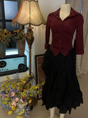 "Anqola Qırmızı Köynək, Han Jiaren Qırmızı" - Qırışlı Bel Arıqladıcı Elastik Uzunqol Köynək