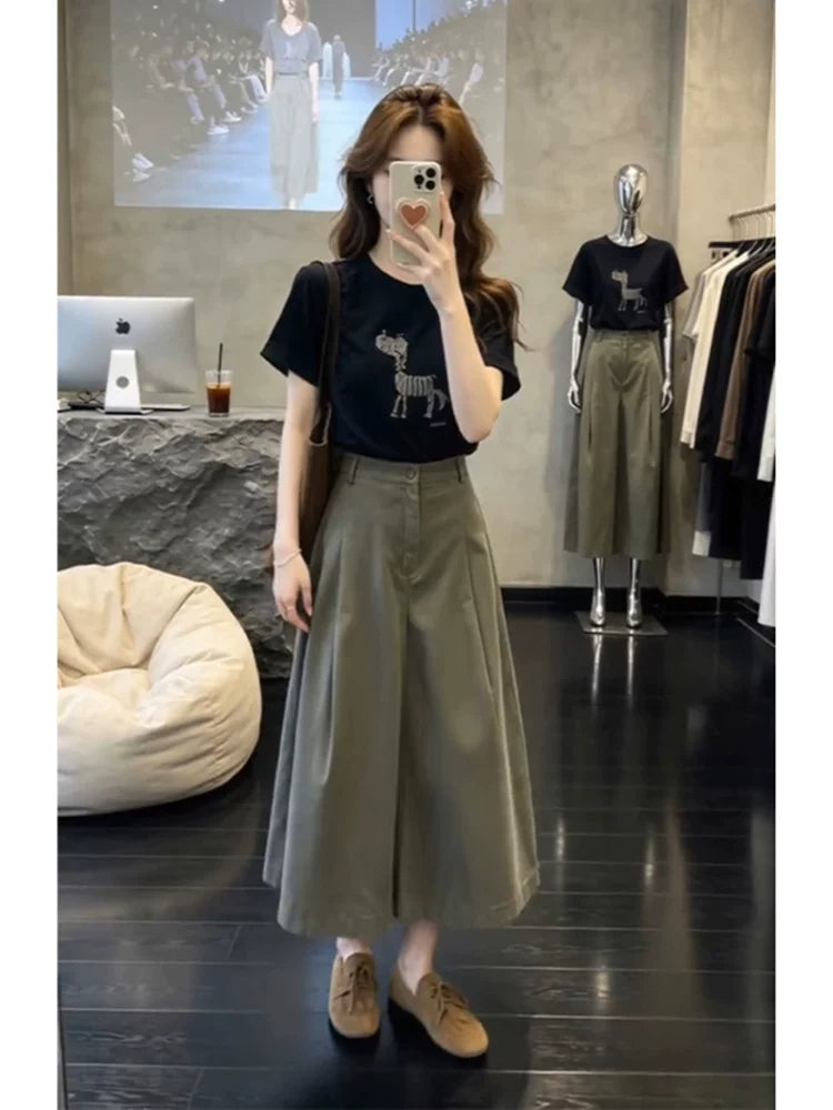 Qadınlar üçün unikal və gözəl erkən yay kostyumu, retro stil, nazik dəyirmi boyun, qısaqol köynək, rahat geniş paçalı şalvar və yubka, iki parça dəst