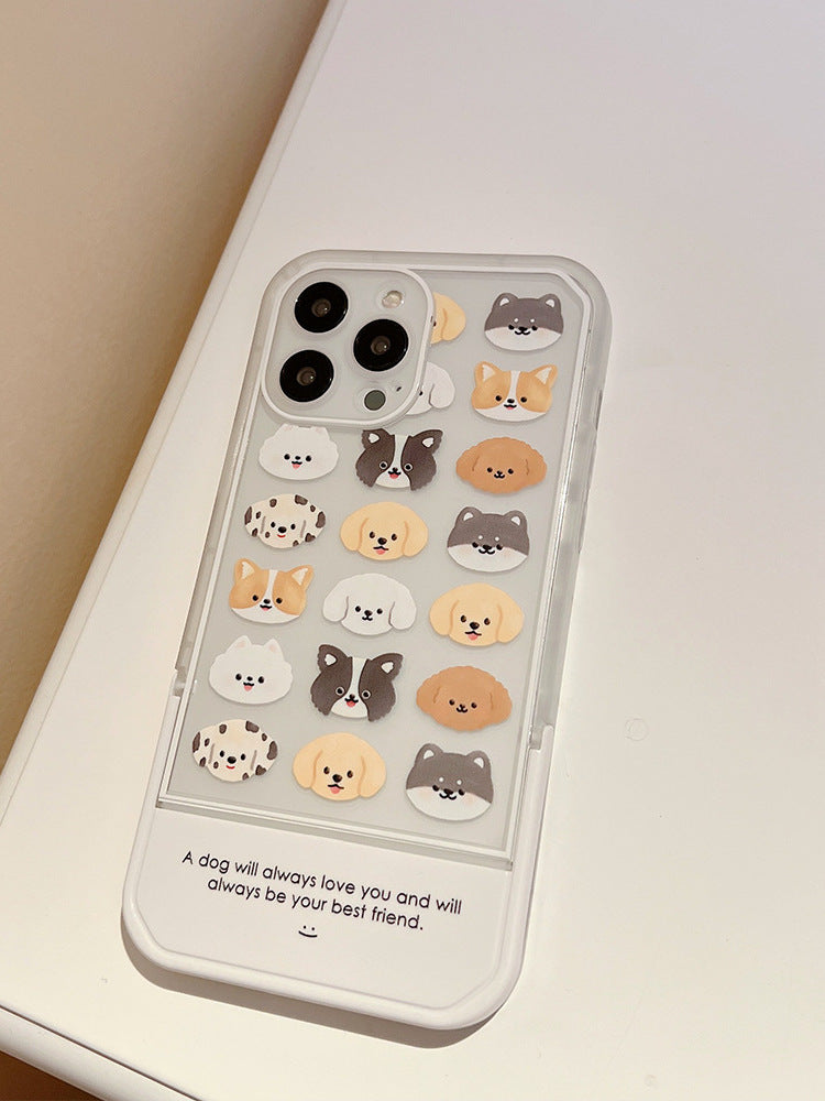 Minimalist Premium iPhone Case for iPhone 16, 16e, 15, 13, Apple 12 Pro Max, Folding Stand, 14-Piece Set, 11 Cartoon Dog Case Plus