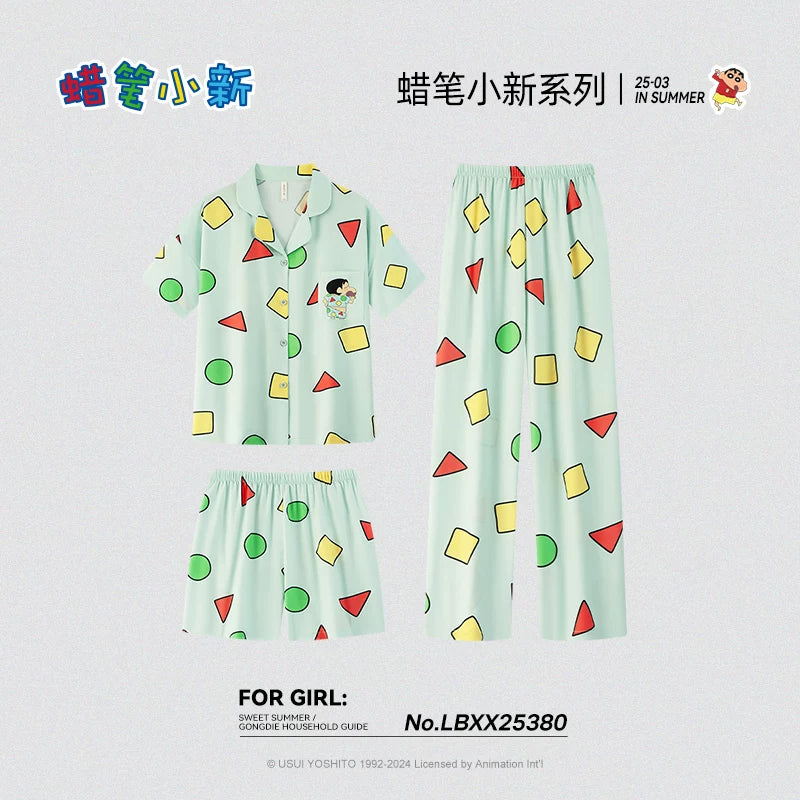 Gongdie [3 parça dəst] Crayon Shin-chan cüt pijama kişi və qadınlar üçün qısaqol yay şalvar, eyni tərzdə qoz pambıq ev paltarı