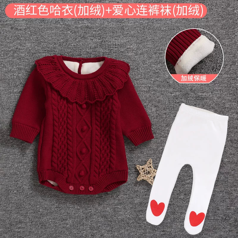 Qız uşağı üçün qış sviteri, yun astarlı, yeni doğulmuş/tam aylıq körpə geyimləri, şahzadə stilində şık romper, ilk ad günü dəsti, qırmızı.