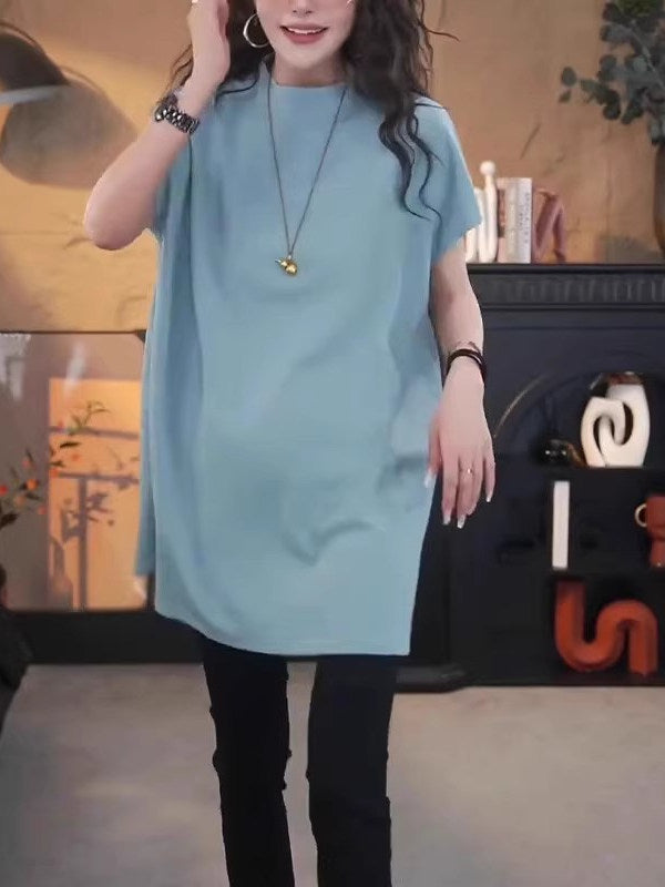 Avropa üslubunda böyük ölçülü qısaqol köynək, böyük ölçülü qadın geyimləri, 2026-cı il yayı, boş forma, orta uzunluqda, kök qızlar üçün yarıqlı top, qarnını gizlədir.